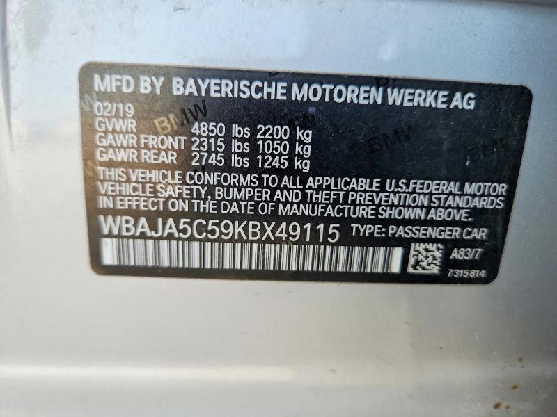 Auction sale of the 2019 Bmw 530, vin: WBAJA5C59KBX49115, lot number: 63221376