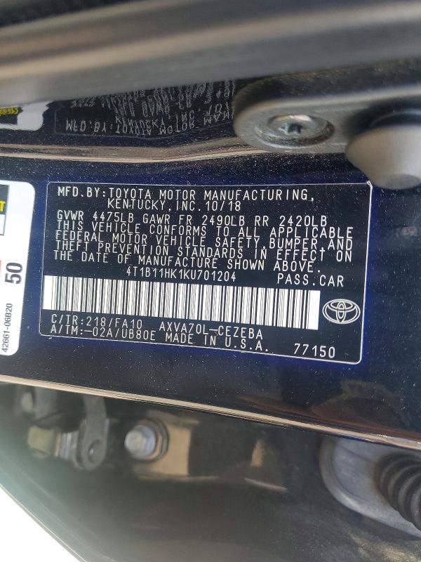 Продажа на аукционе авто 2019 Toyota Camry, vin: 4T1B11HK1KU701204, номер лота: 63727896