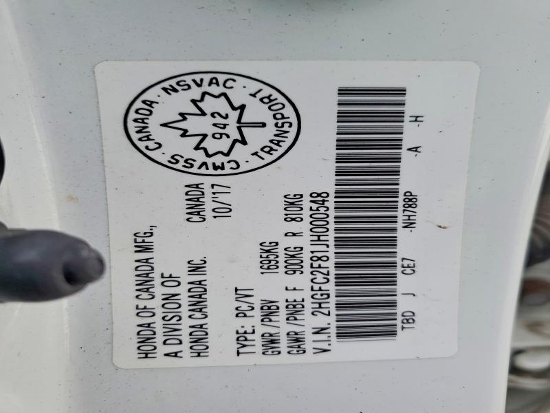 2018 Honda Civic მანქანა იყიდება აუქციონზე, vin: 2HGFC2F81JH000548, აუქციონის ნომერი: 64100706