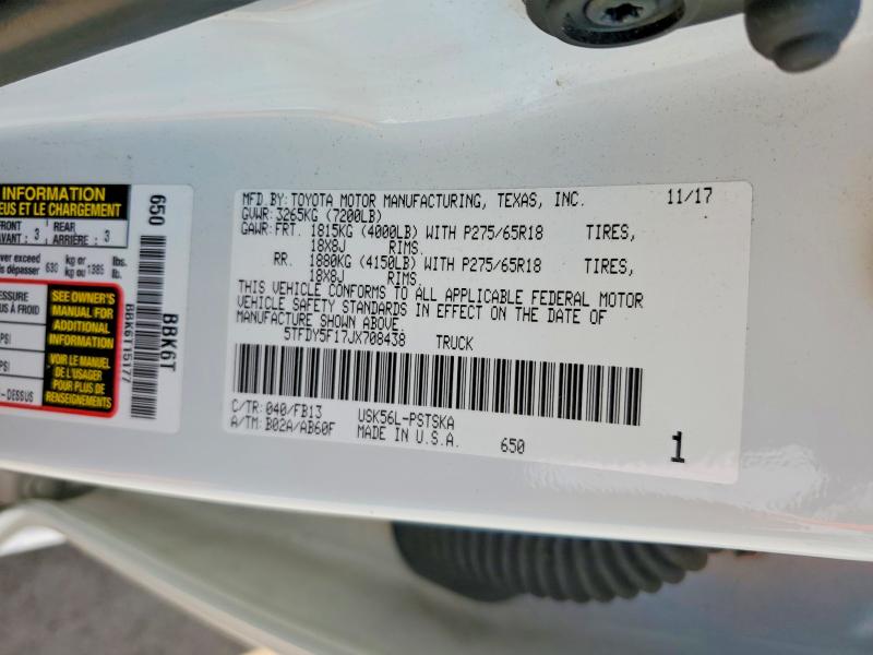 Продаж на аукціоні авто 2018 Toyota Tundra, vin: 5TFDY5F17JX708438, номер лоту: 66445186