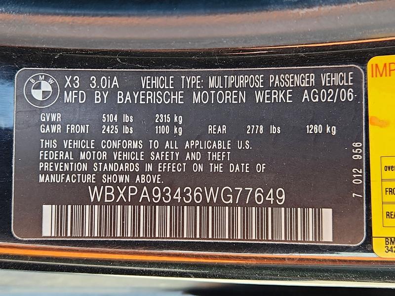 2006 Bmw X3 მანქანა იყიდება აუქციონზე, vin: WBXPA93436WG77649, აუქციონის ნომერი: 66471366