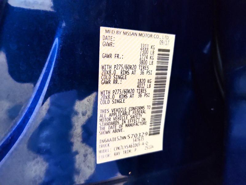 Auction sale of the 2017 Nissan Titan, vin: 1N6AA1E52HN570329, lot number: 64130456