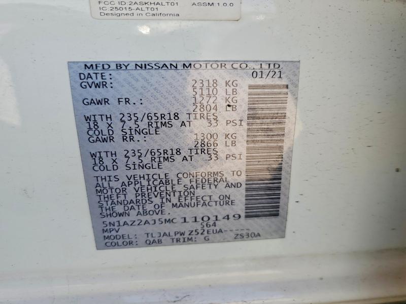 Продаж на аукціоні авто 2021 Nissan Murano, vin: 5N1AZ2AJ5MC110149, номер лоту: 65876016