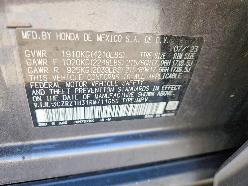 2024 Honda Hr-v მანქანა იყიდება აუქციონზე, vin: 3CZRZ1H31RM711650, აუქციონის ნომერი: 64116606