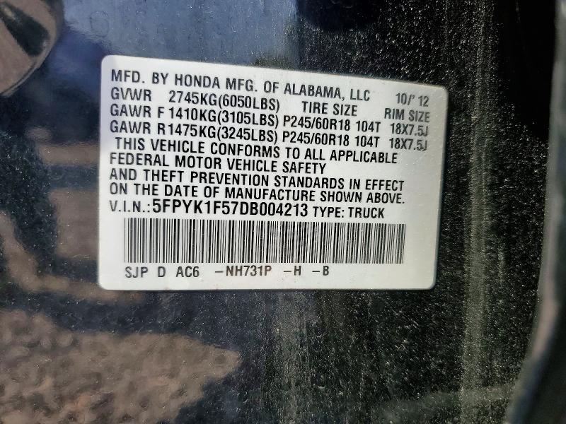 2013 Honda Ridgeline მანქანა იყიდება აუქციონზე, vin: 5FPYK1F57DB004213, აუქციონის ნომერი: 63531856
