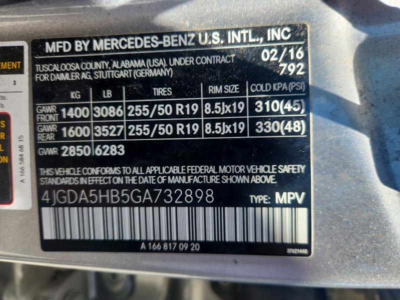 63559936 :رقم المزاد ، 4JGDA5HB5GA732898 vin ، 2016 Mercedes-benz Gle مزاد بيع