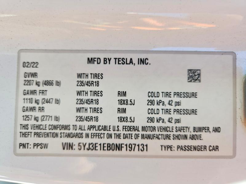 Aukcja sprzedaży 2022 Tesla Model 3, vin: 5YJ3E1EB0NF197131, numer aukcji: 63265456