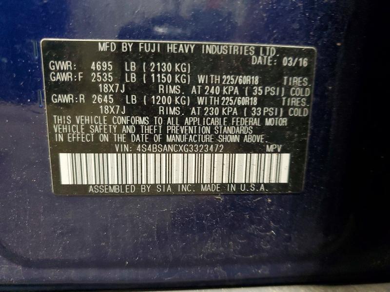Aukcja sprzedaży 2016 Subaru Outback, vin: 4S4BSANCXG3323472, numer aukcji: 65709486