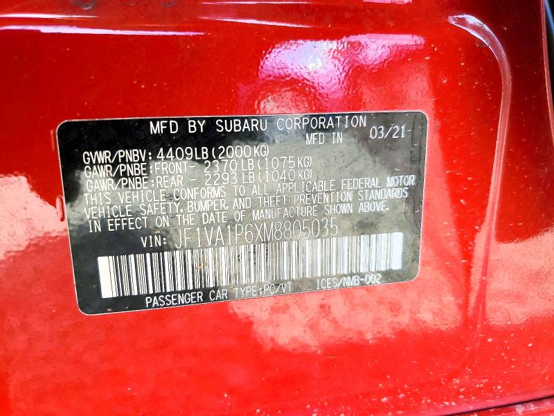 2021 Subaru Wrx მანქანა იყიდება აუქციონზე, vin: JF1VA1P6XM8805035, აუქციონის ნომერი: 65677686
