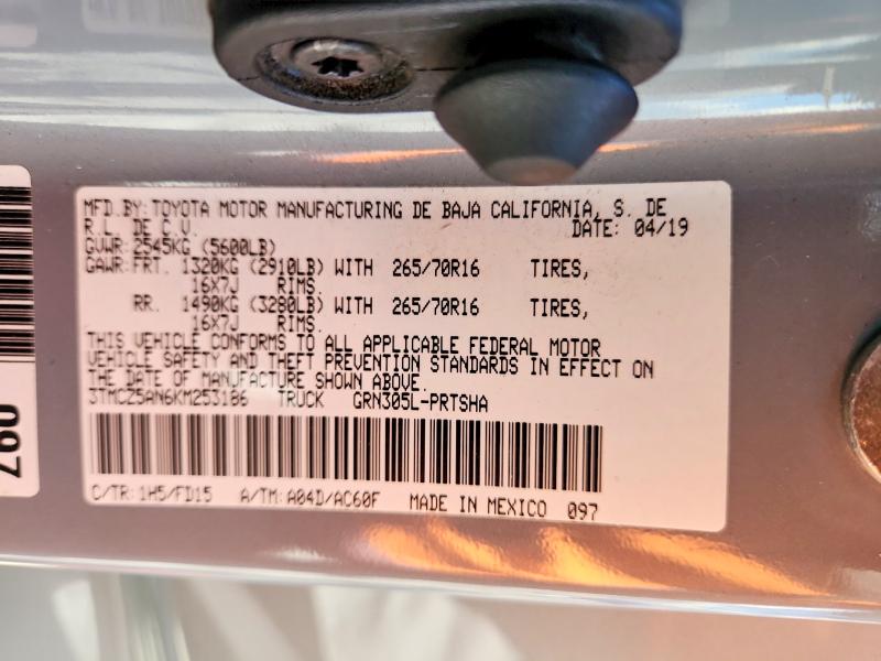 66136156 :رقم المزاد ، 3TMCZ5AN6KM253186 vin ، 2019 Toyota Tacoma مزاد بيع