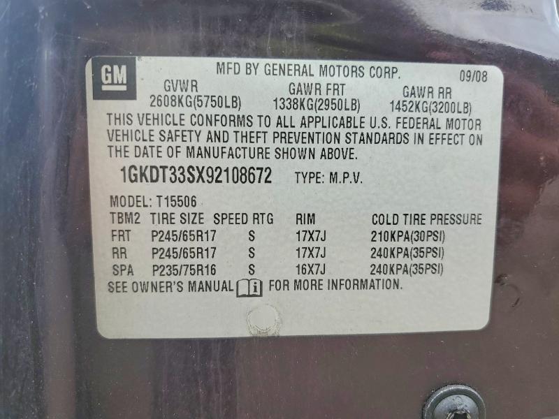 66292376 :رقم المزاد ، 1GKDT33SX92108672 vin ، 2009 Gmc Envoy مزاد بيع