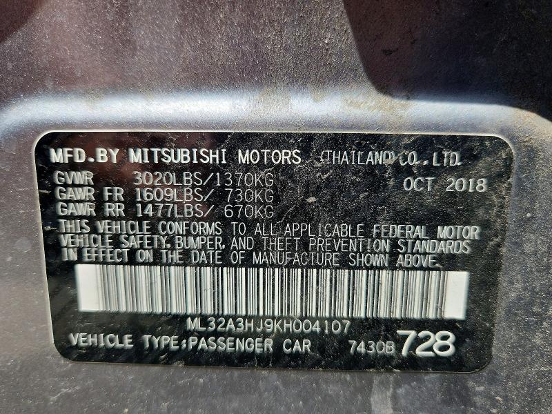 62999666 :رقم المزاد ، ML32A3HJ9KH004107 vin ، 2019 Mitsubishi Mirage مزاد بيع
