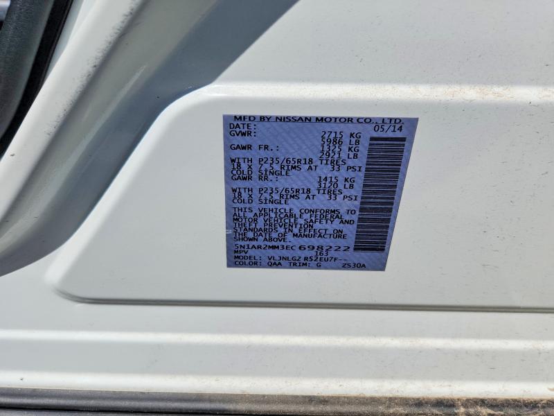 2014 Nissan Pathfinder მანქანა იყიდება აუქციონზე, vin: 5N1AR2MM3EC698222, აუქციონის ნომერი: 65828966