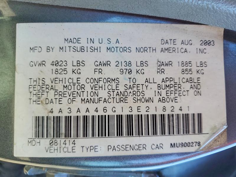 2003 Mitsubishi Galant მანქანა იყიდება აუქციონზე, vin: 4A3AA46G13E218241, აუქციონის ნომერი: 64502196