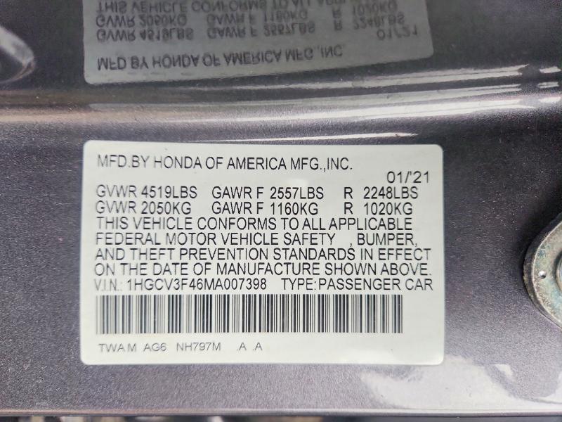 65117826 :رقم المزاد ، 1HGCV3F46MA007398 vin ، 2021 Honda Accord مزاد بيع