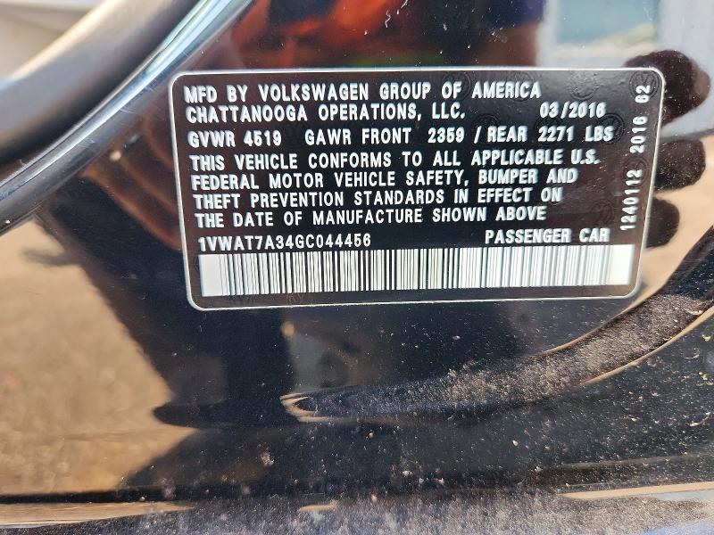 Продаж на аукціоні авто 2016 Volkswagen Passat, vin: 1VWAT7A34GC044456, номер лоту: 66441696