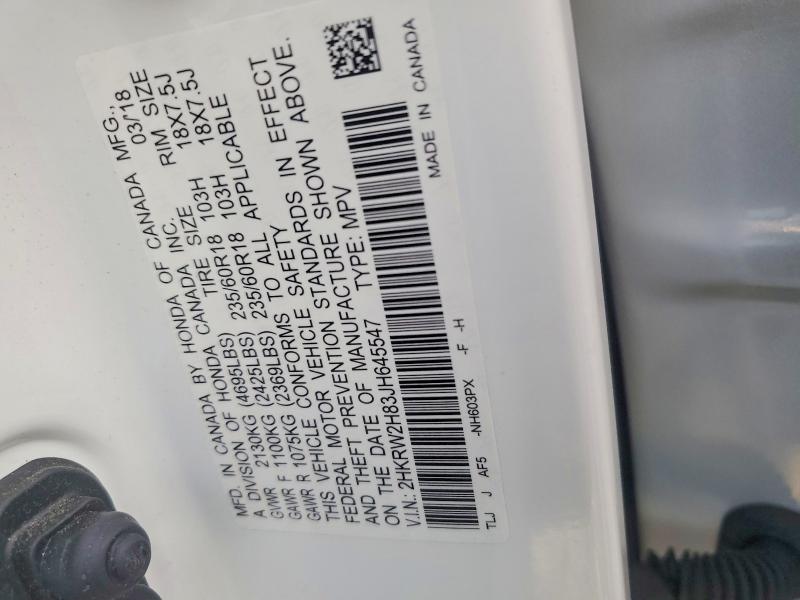 2018 Honda Cr-v მანქანა იყიდება აუქციონზე, vin: 2HKRW2H83JH645547, აუქციონის ნომერი: 66827726