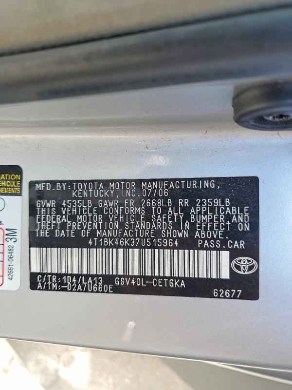 Продаж на аукціоні авто 2007 Toyota Camry, vin: 4T1BK46K37U515964, номер лоту: 64975246