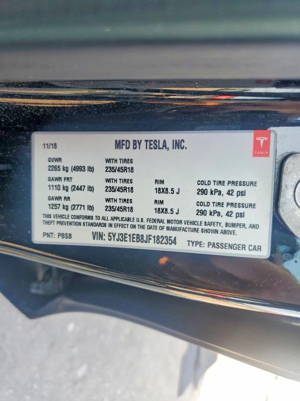 64570446 :رقم المزاد ، 5YJ3E1EB8JF182354 vin ، 2018 Tesla Model 3 مزاد بيع