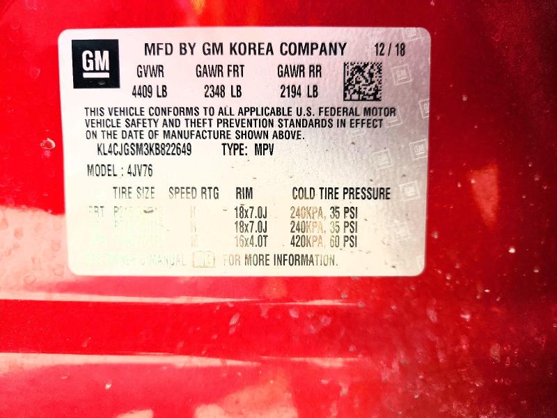 63803576 :رقم المزاد ، KL4CJGSM3KB822649 vin ، 2019 Buick Encore مزاد بيع