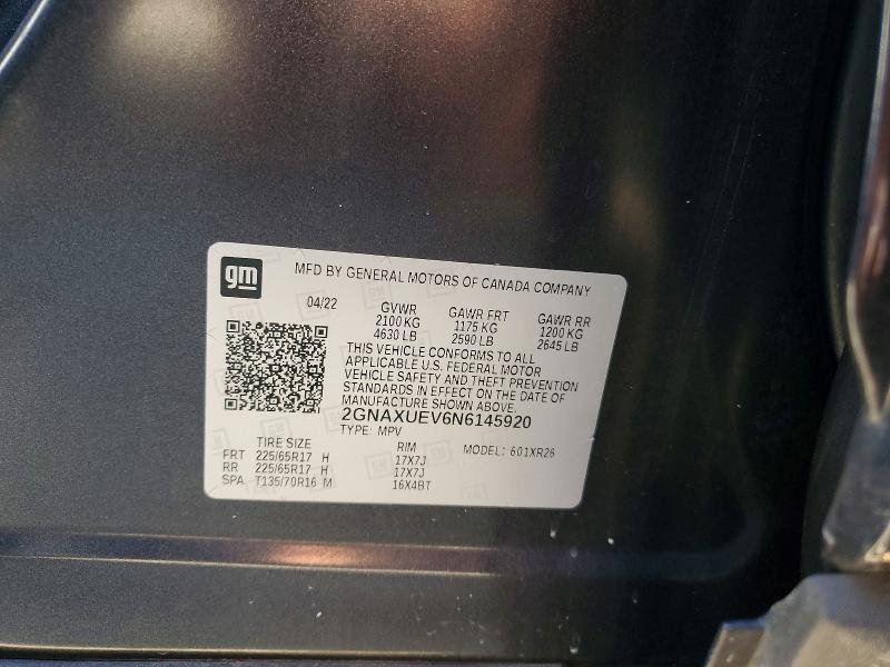 2022 Chevrolet Equinox მანქანა იყიდება აუქციონზე, vin: 2GNAXUEV6N6145920, აუქციონის ნომერი: 66413496