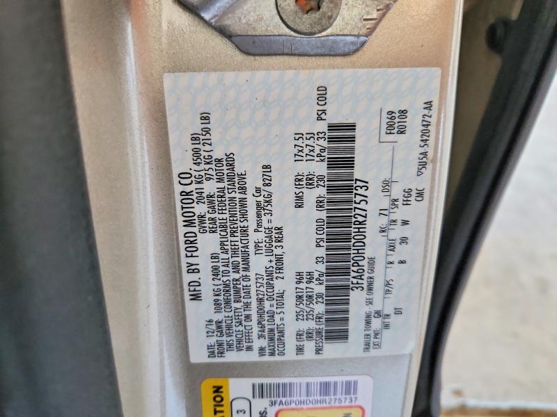 63686106 :رقم المزاد ، 3FA6P0HD0HR275737 vin ، 2017 Ford Fusion مزاد بيع