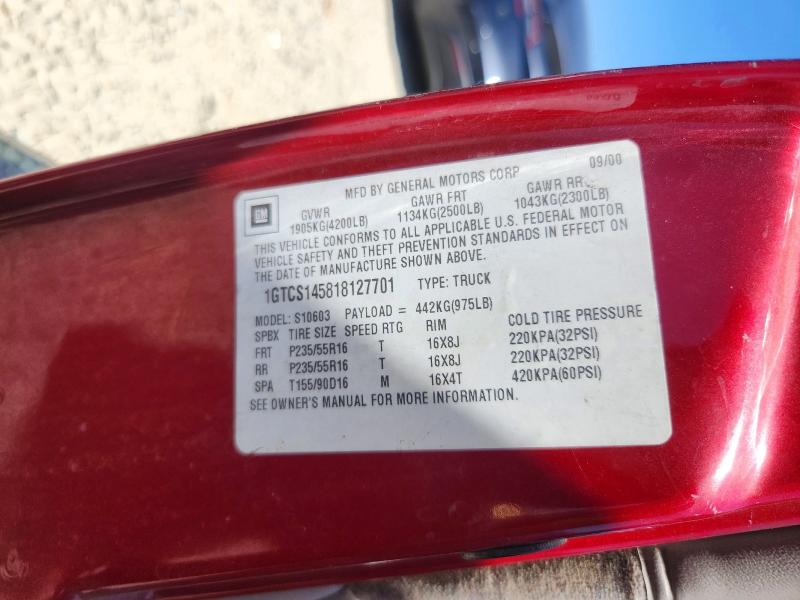 63714216 :رقم المزاد ، 1GTCS145818127701 vin ، 2001 Gmc Sonoma مزاد بيع