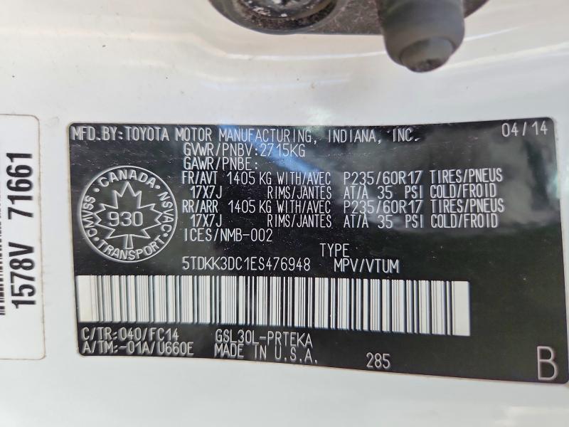 64542876 :رقم المزاد ، 5TDKK3DC1ES476948 vin ، 2014 Toyota Sienna مزاد بيع