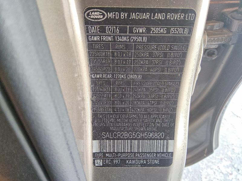 2016 Land Rover Discovery Sport მანქანა იყიდება აუქციონზე, vin: SALCR2BG5GH596820, აუქციონის ნომერი: 65239196
