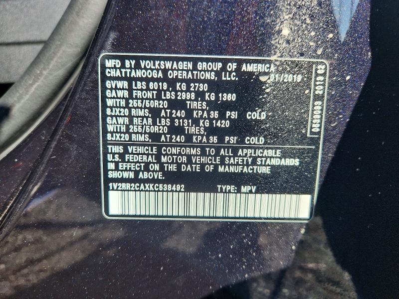 Продаж на аукціоні авто 2019 Volkswagen Atlas, vin: 1V2RR2CAXKC538492, номер лоту: 65887506
