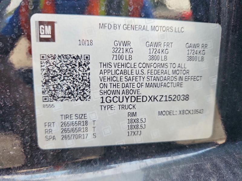 Продаж на аукціоні авто 2019 Chevrolet Silverado, vin: 1GCUYDEDXKZ152038, номер лоту: 65818256