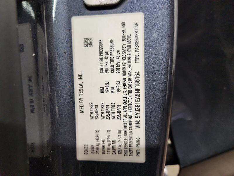 2022 Tesla Model 3 მანქანა იყიდება აუქციონზე, vin: 5YJ3E1EA5NF186164, აუქციონის ნომერი: 66453156