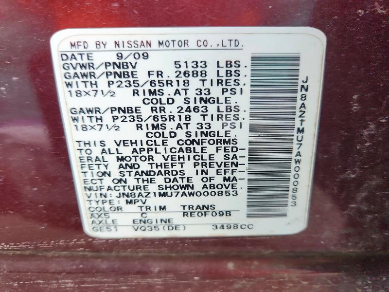 Продаж на аукціоні авто 2010 Nissan Murano, vin: JN8AZ1MU7AW000853, номер лоту: 66765426