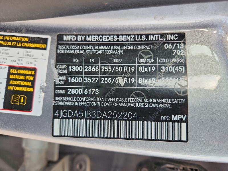 Продаж на аукціоні авто 2013 Mercedes-benz Ml, vin: 4JGDA5JB3DA252204, номер лоту: 64203956