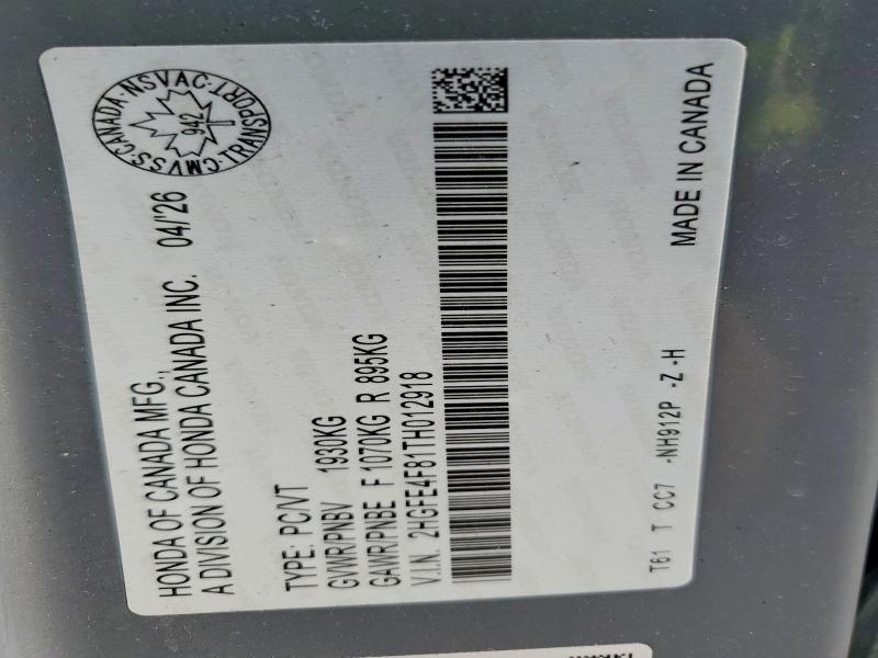 66107306 :رقم المزاد ، 2HGFE4F81TH012918 vin ، 2026 Honda Civic مزاد بيع