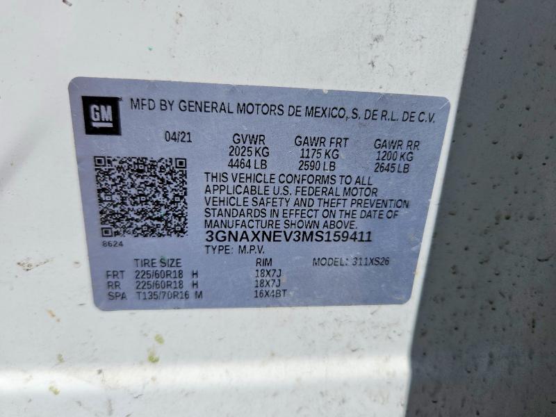 Aukcja sprzedaży 2021 Chevrolet Equinox, vin: 3GNAXNEV3MS159411, numer aukcji: 64068466