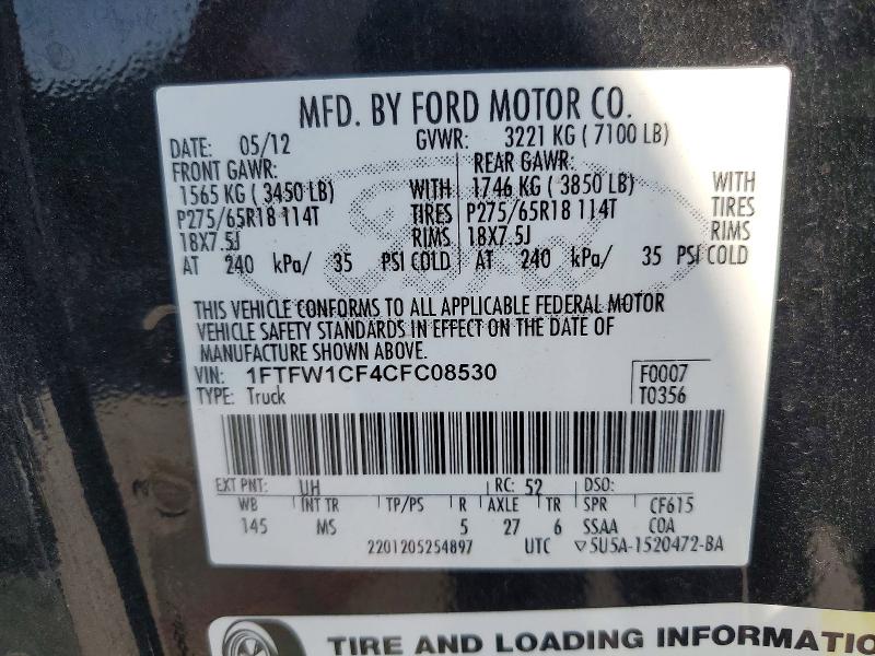Продажа на аукционе авто 2012 Ford F150, vin: 1FTFW1CF4CFC08530, номер лота: 59398616