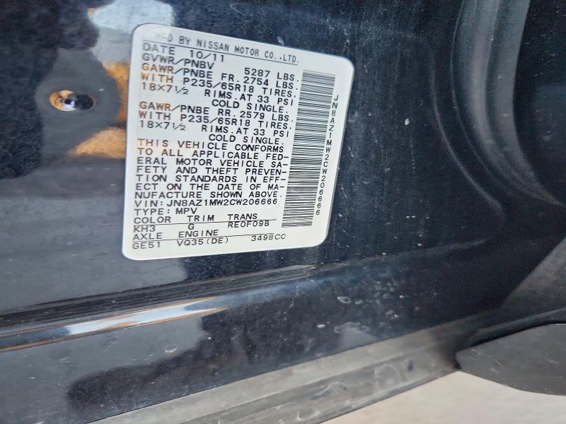 Auction sale of the 2012 Nissan Murano, vin: JN8AZ1MW2CW206666, lot number: 67306136