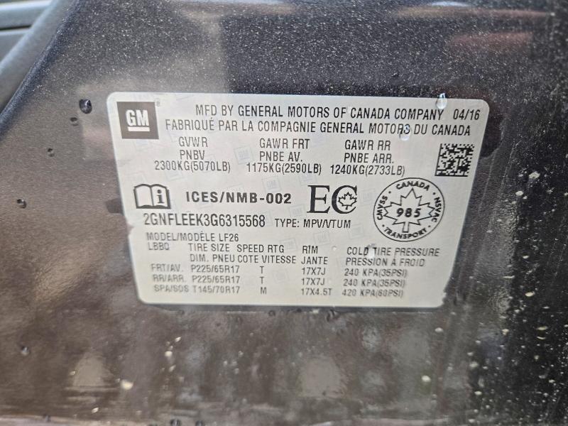 Aukcja sprzedaży 2016 Chevrolet Equinox, vin: 2GNFLEEK3G6315568, numer aukcji: 66276856