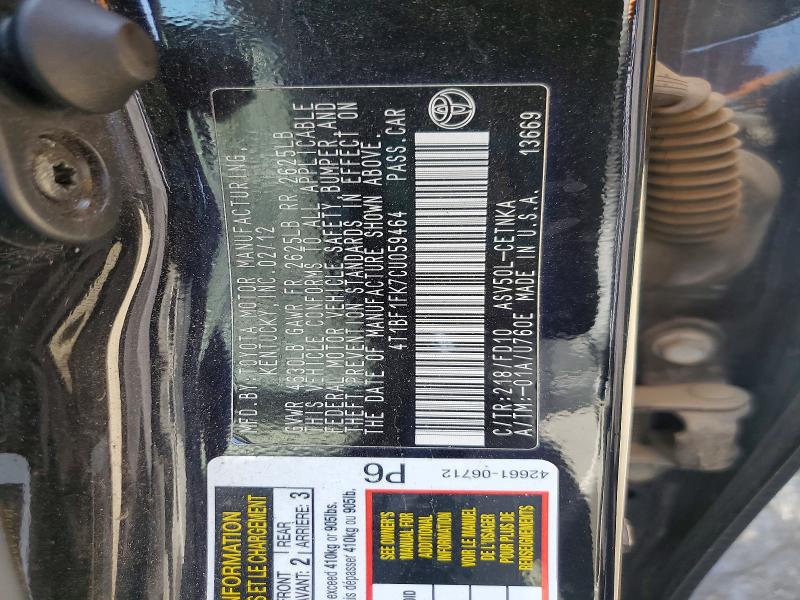 2012 Toyota Camry მანქანა იყიდება აუქციონზე, vin: 4T1BF1FK7CU059464, აუქციონის ნომერი: 66514166