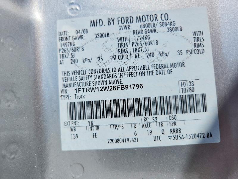 65154676 :رقم المزاد ، 1FTRW12W28FB91796 vin ، 2008 Ford F150 مزاد بيع