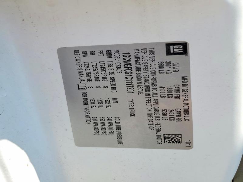 2012 Chevrolet Express G2500 მანქანა იყიდება აუქციონზე, vin: 1GCWGFCG1C1117201, აუქციონის ნომერი: 64115296