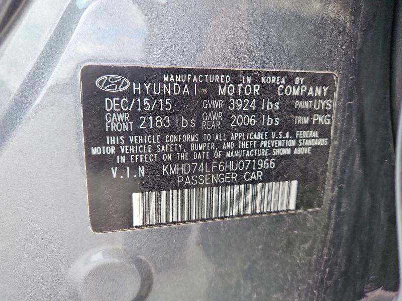 2017 Hyundai Elantra მანქანა იყიდება აუქციონზე, vin: KMHD74LF6HU071966, აუქციონის ნომერი: 62760216