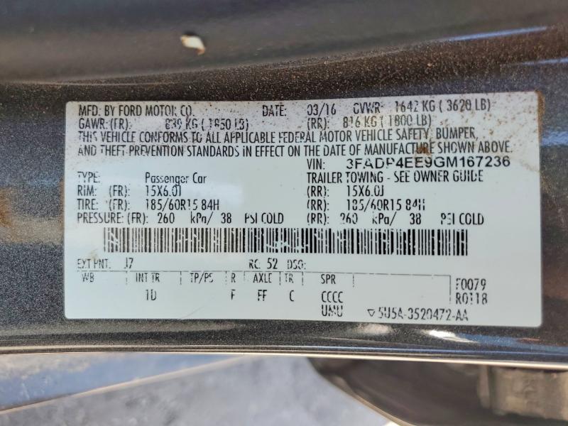 2016 Ford Fiesta მანქანა იყიდება აუქციონზე, vin: 3FADP4EE9GM167236, აუქციონის ნომერი: 64161906