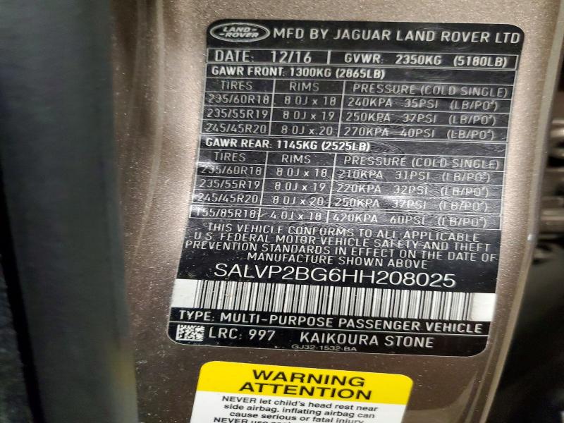 62441856 :رقم المزاد ، SALVP2BG6HH208025 vin ، 2017 Land Rover Range Rover Evoque مزاد بيع