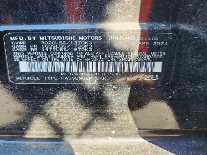2024 Mitsubishi Mirage მანქანა იყიდება აუქციონზე, vin: ML32AUHJ2RH011500, აუქციონის ნომერი: 64284316