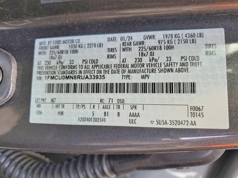 65374576 :رقم المزاد ، 1FMCU0MN8RUA33935 vin ، 2024 Ford Escape مزاد بيع