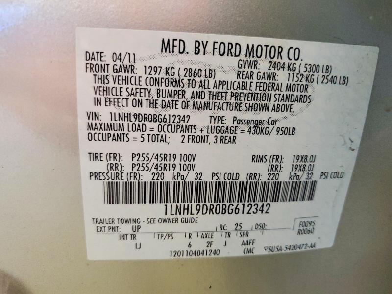 2011 Lincoln Mks მანქანა იყიდება აუქციონზე, vin: 1LNHL9DR0BG612342, აუქციონის ნომერი: 65039166