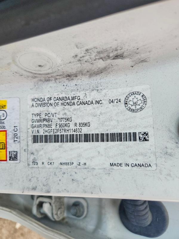 2024 Honda Civic მანქანა იყიდება აუქციონზე, vin: 2HGFE2F57RH114632, აუქციონის ნომერი: 66818896