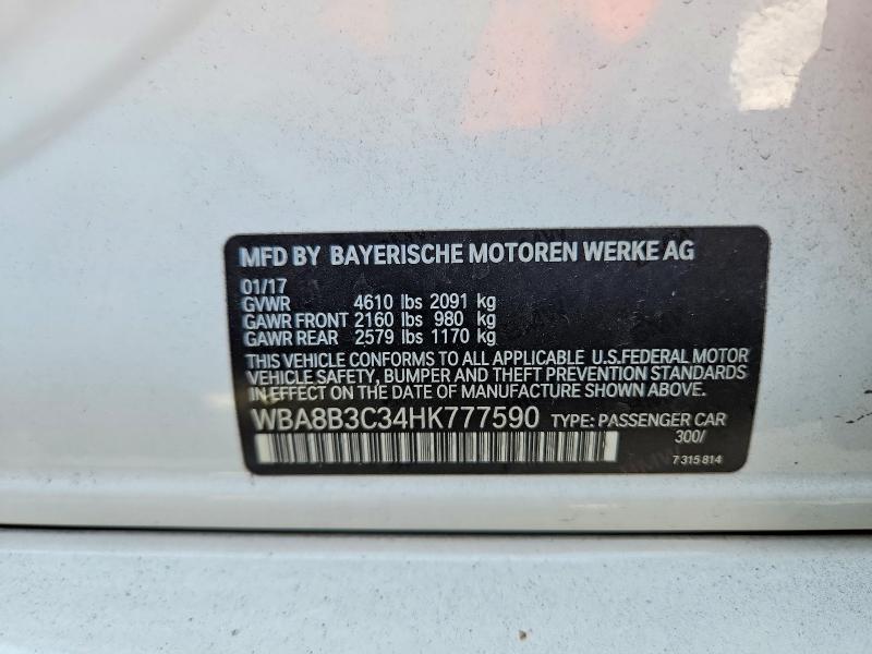Aukcja sprzedaży 2017 Bmw 340, vin: WBA8B3C34HK777590, numer aukcji: 64642526